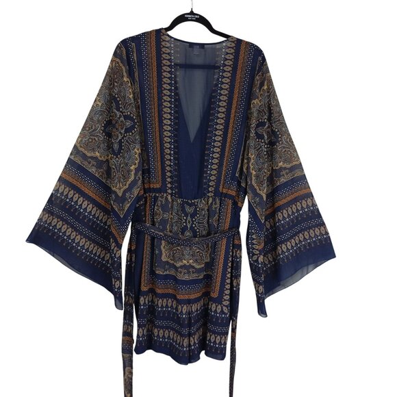 Venus Romper Womens Boho-Style Wrap Paisley Pattern Sheer Bell Sleeves Size XL - Picture 7 of 11